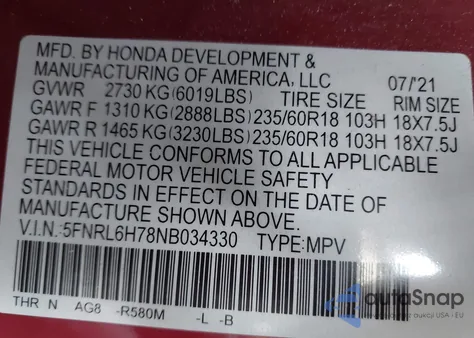 2022 Honda Odyssey Ex-L z USA, uszkodzony, nr VIN 5FNRL6H78NB034330